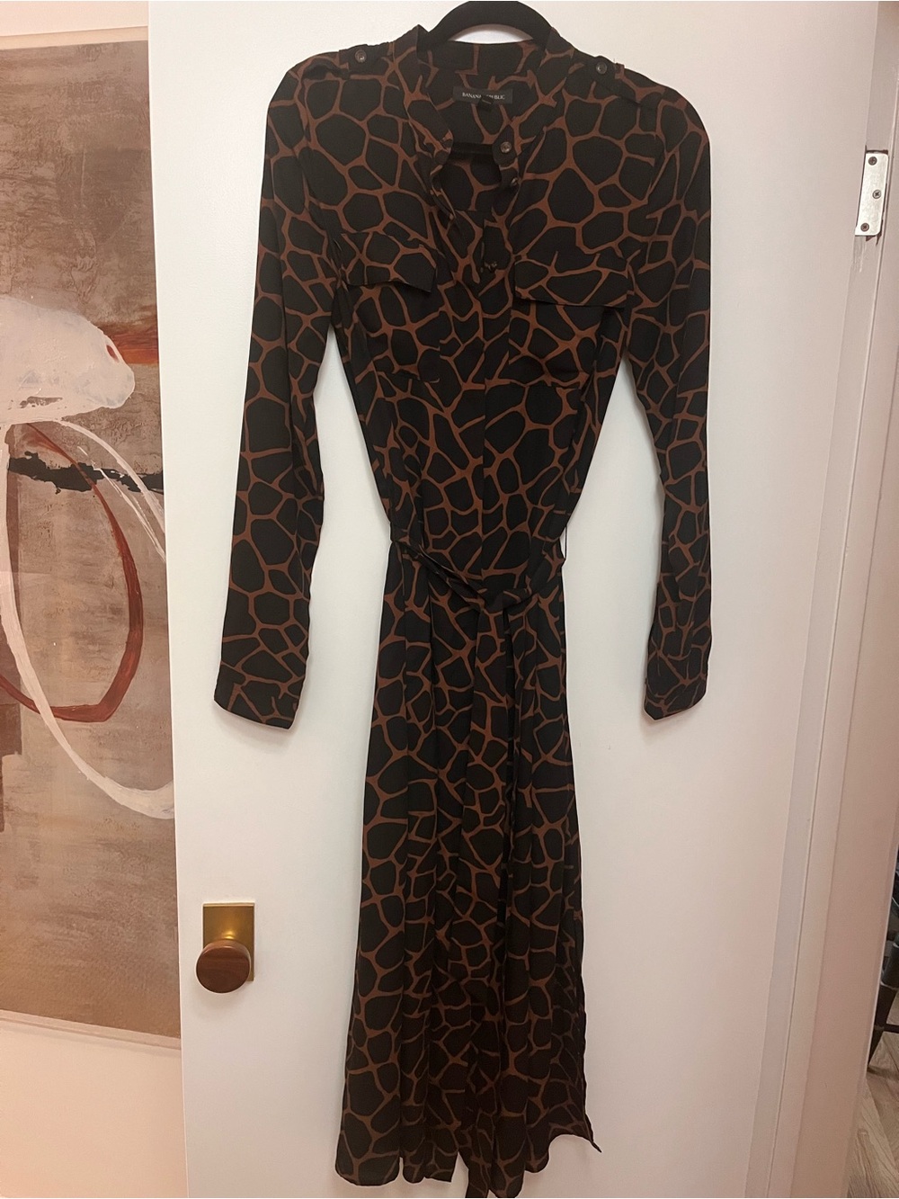 Banana Republic Brown and Black Long-Sleeve Shirt Dress with Tie Waist